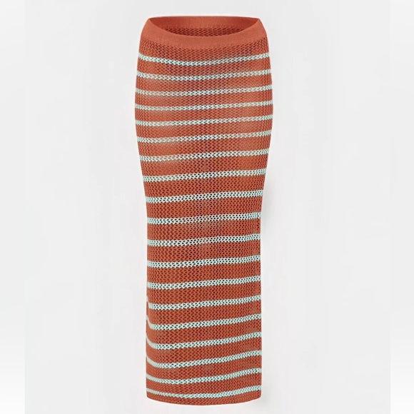 PrettyLittleThing 2-Pc Mocha/Teal Stripe Crochet Knit Maxi Skirt & Halter Top - Picture 8 of 11